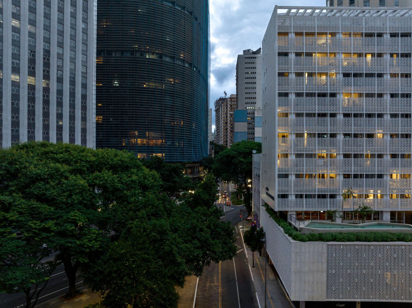 The retrofitted building exterior at night. Photo by Fran Parente.