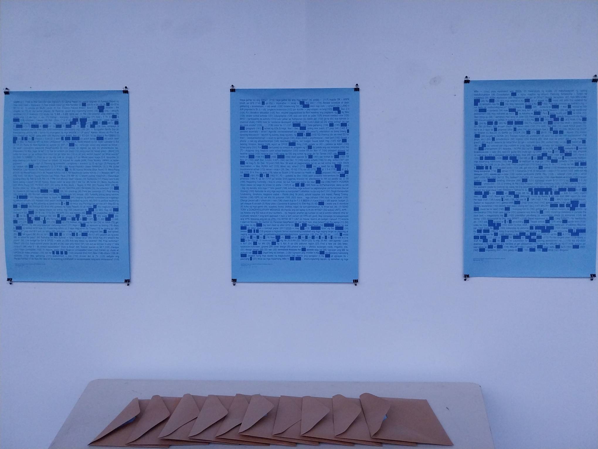 One of the works showcasing the meticulous note-taking of artist Mark Sanchez. This shows items from a personal checklist left unchecked.