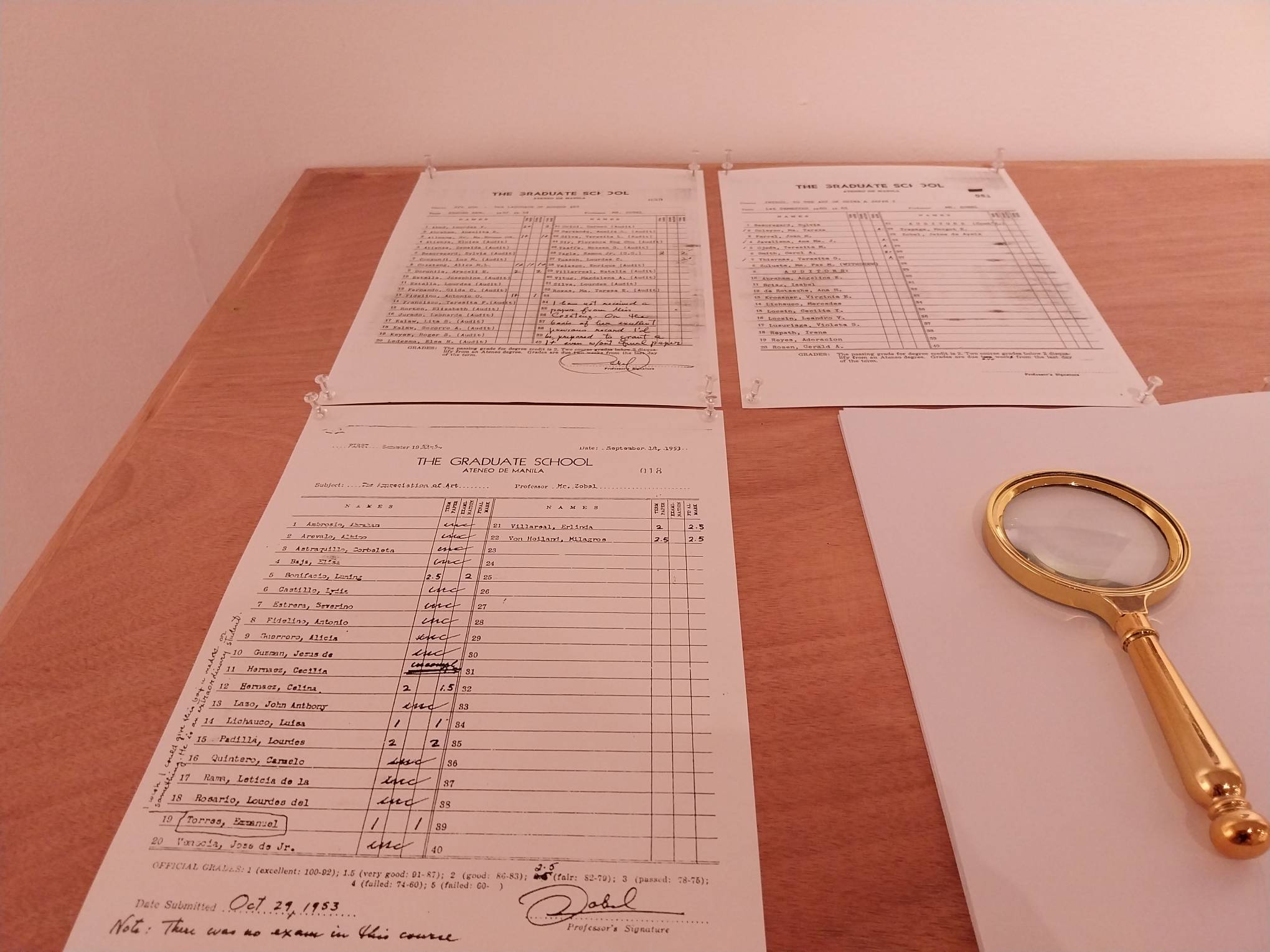 Fernando Zóbel's grades during his stay at Ateneo.