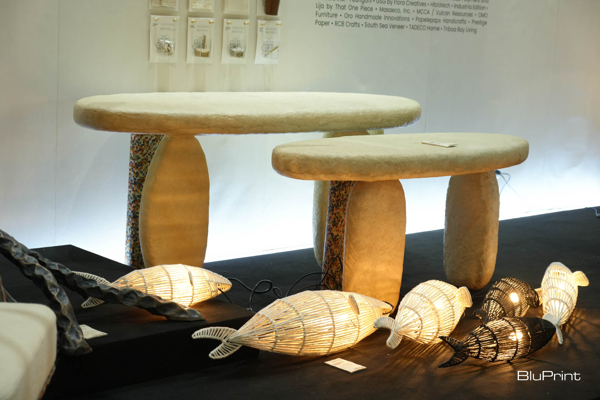 Fish pendant lamps by Lija by That One Piece. Table by South Sea Veneer.