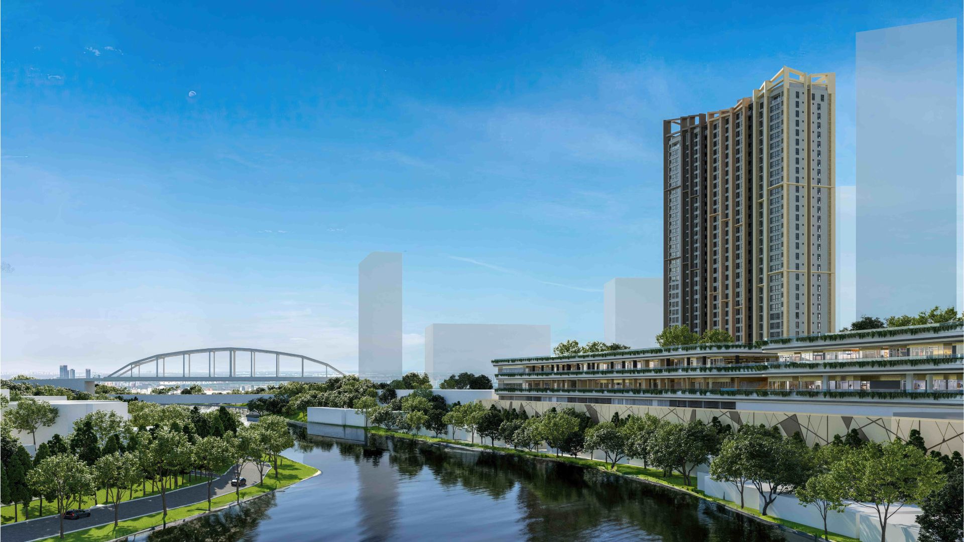 The raised podium offers panoramic views of the Pasig River and cityscape. Thoughtful massing and positioning maintain privacy yet foster a sense of openness and community (Artist's Perspective).