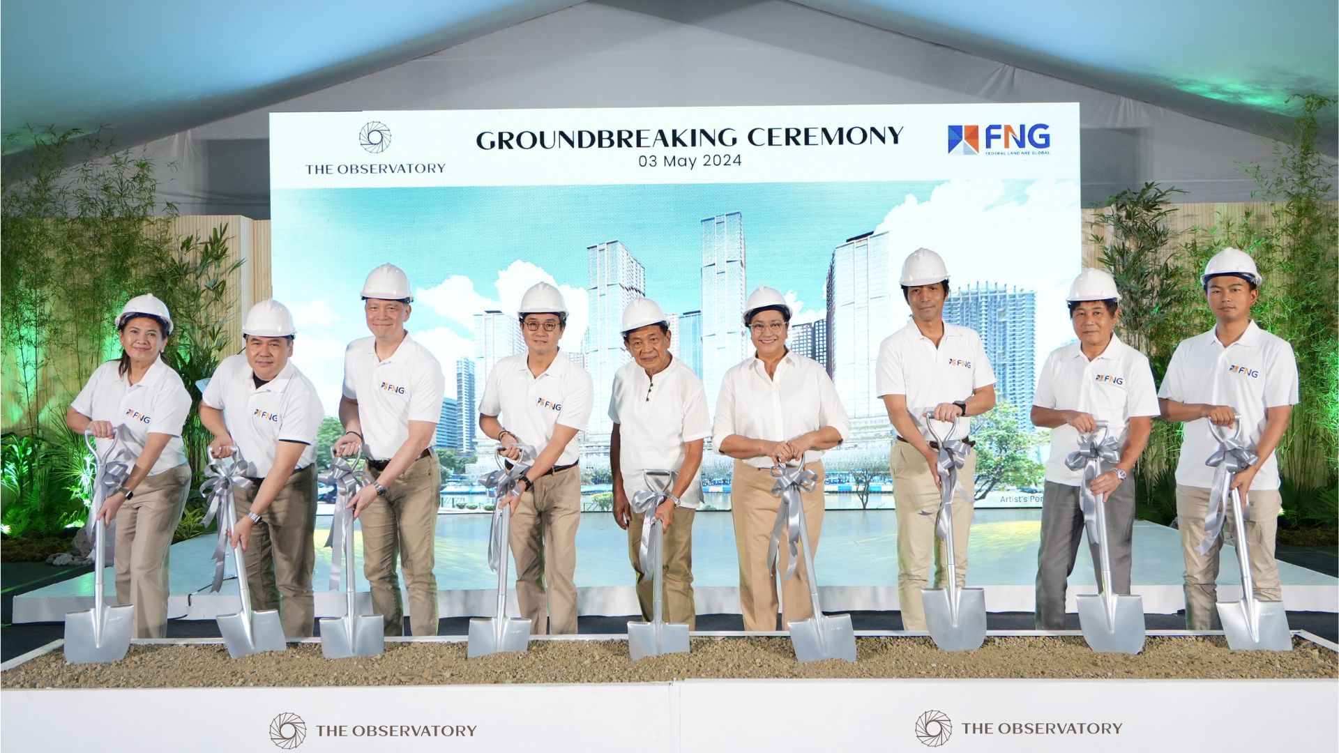 The Observatory's groundbreaking ceremony. From left to right:  Margarita Saenz-Ressurreccion (FNG Head of Sales), Arch. Gilbert Berba (FNG Head of Urban Planning & Design), Thomas Mirasol (FNG President), Alfred Ty (FNG Chairman), Hon. Mayor Benjamin Abalos Sr. of Mandaluyong City, Hon. Carmelita Abalos (Mandaluyong City Vice Mayor), Yusuke Hirano (FNG Vice Chairman), Masaya Hirao (FNG Executive Advisor), and Yasuhiro Ohira (FNG Sr. Management Advisor).