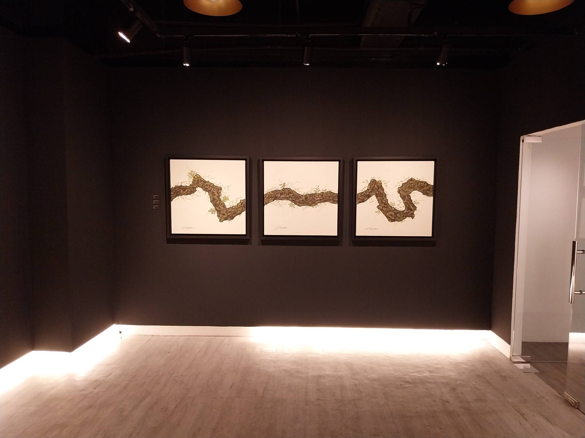Far view of three paintings by Erikson Arcilla for "Echoes of Verdure."