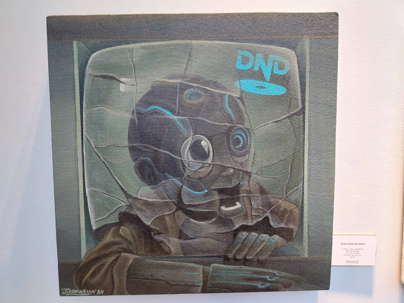 A work showing a figure with a DVD parody symbol at the top.