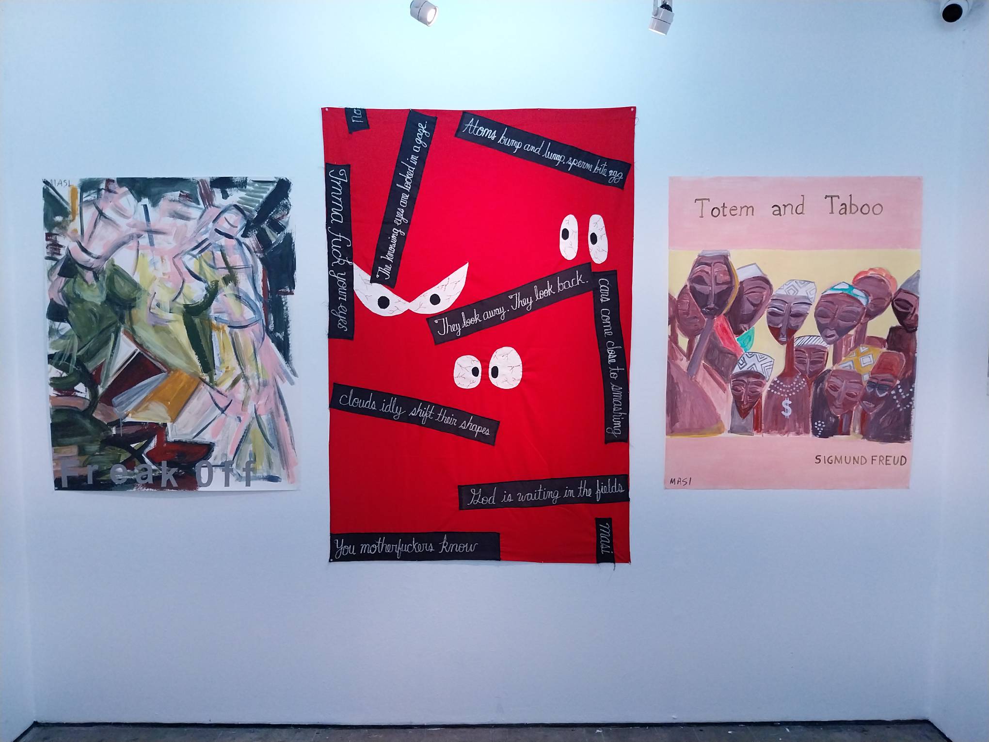 Three works by Masi Oliveria for "Freak Off" at Artinformal Gallery.