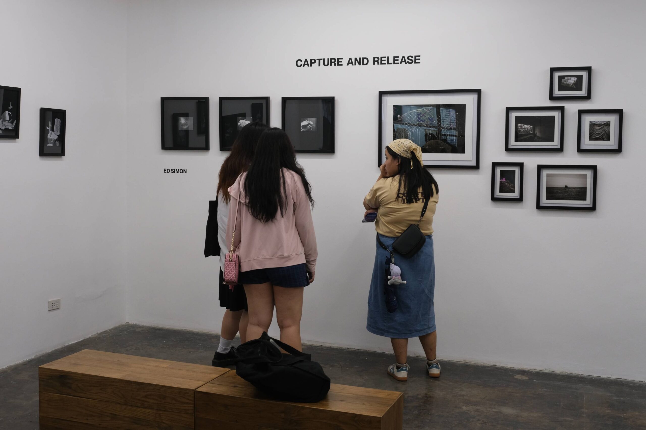 Audience member discussing some of the photographs for "Capture and Release." Photo by Ed Simon.