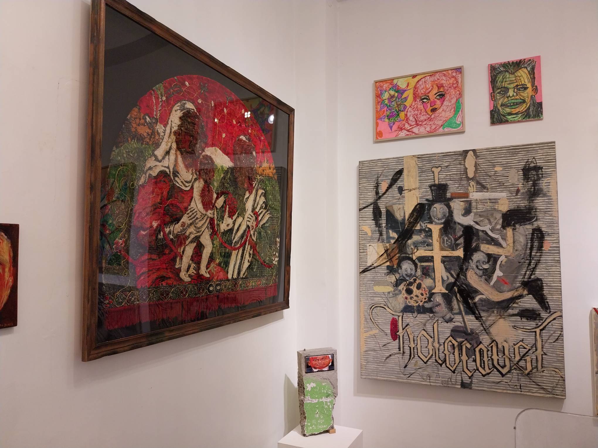 Multiple artworks for "Now/Here," including Bandomeng’s “Untitled (Holocaust)."