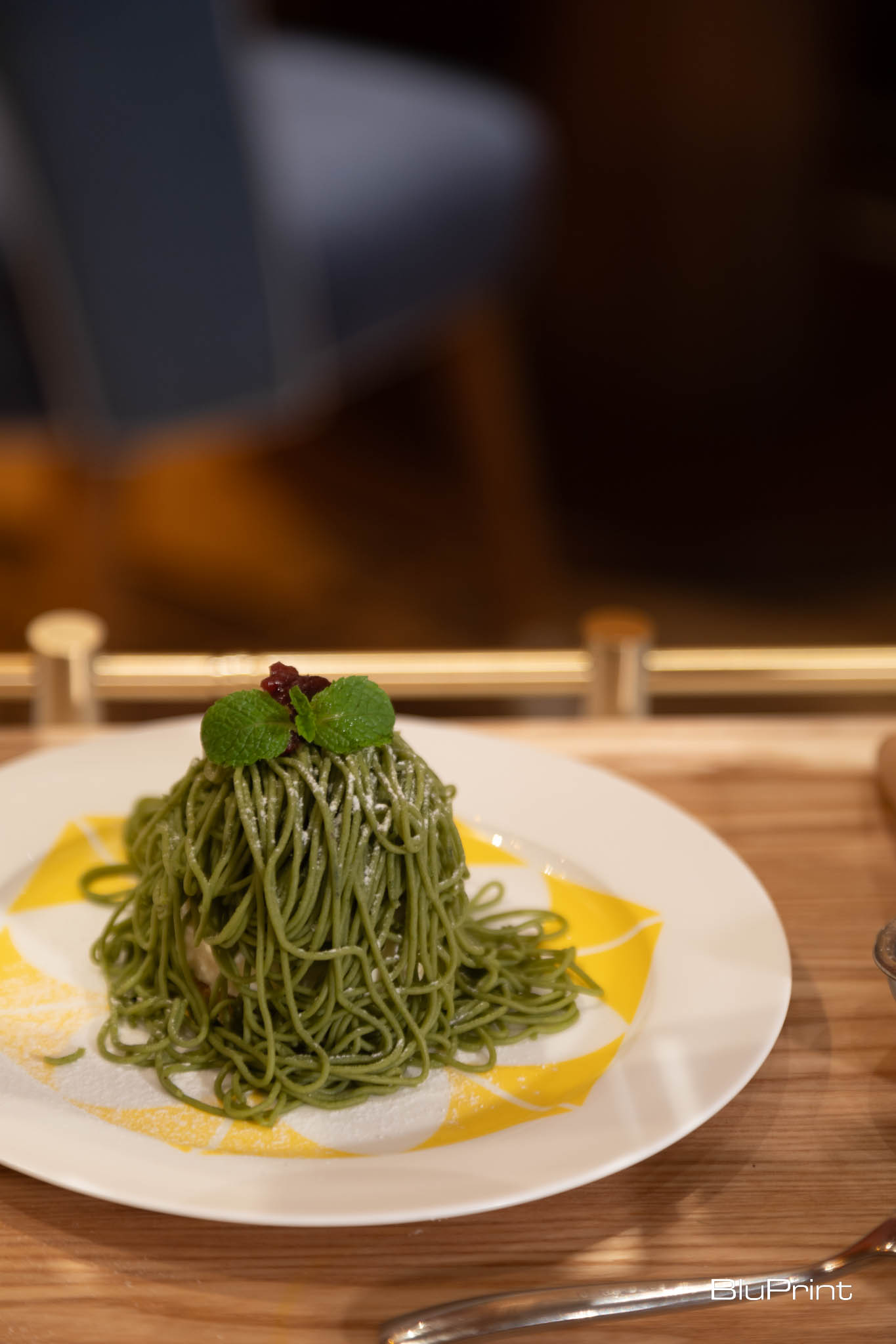 Matcha Mont Blanc on a plate.
