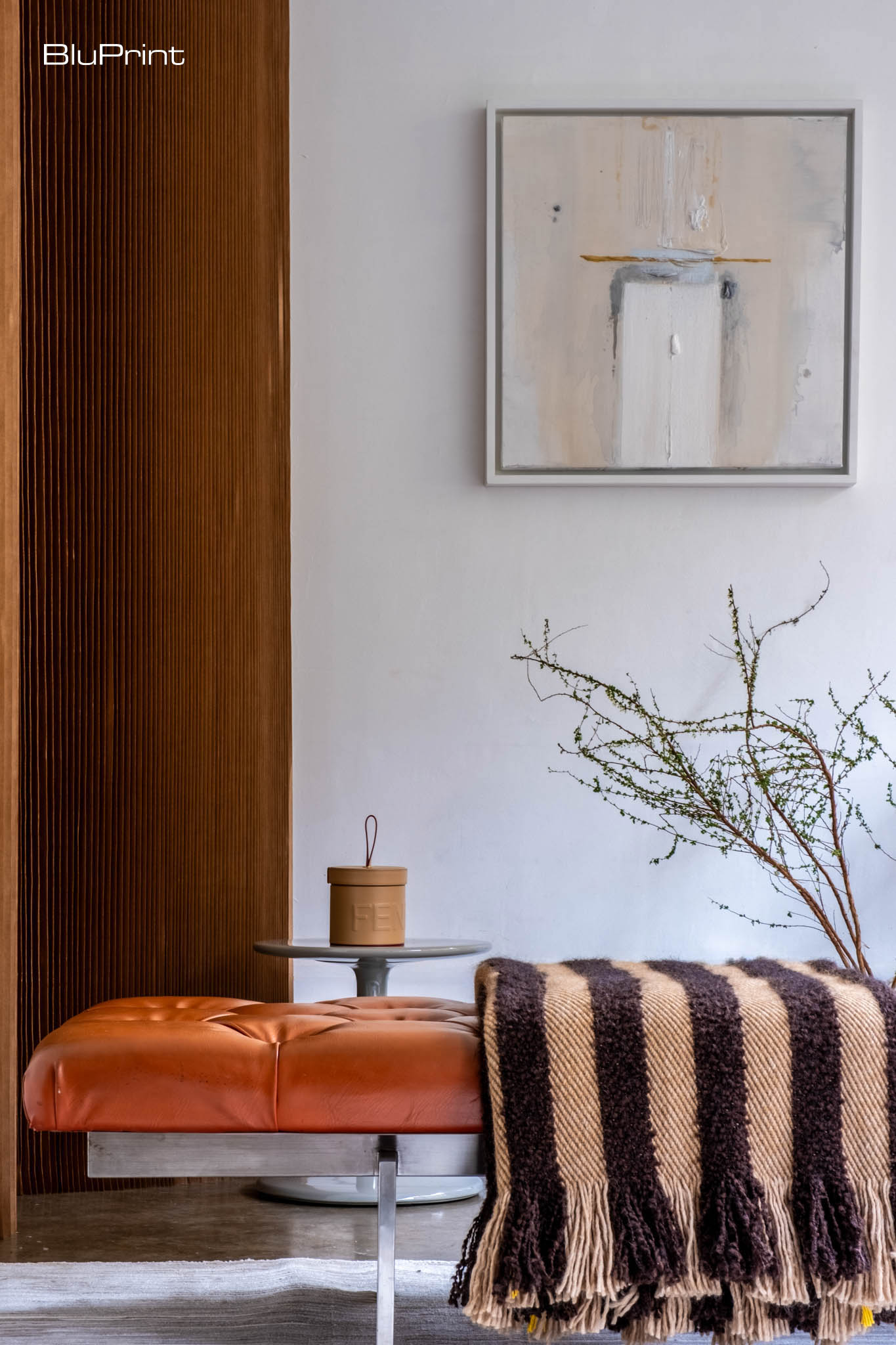 Tight shot of a daybed with a throw on it.