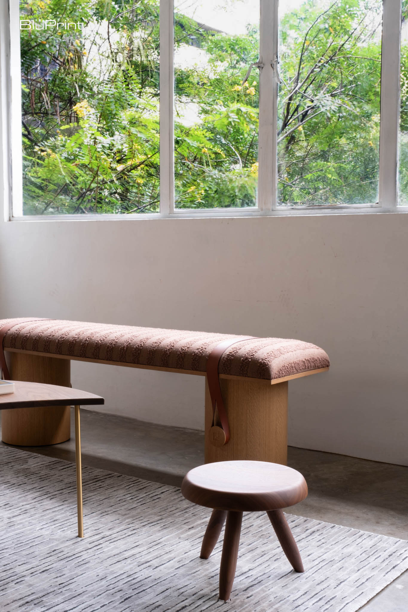 Detailed shot of a bench by the window.