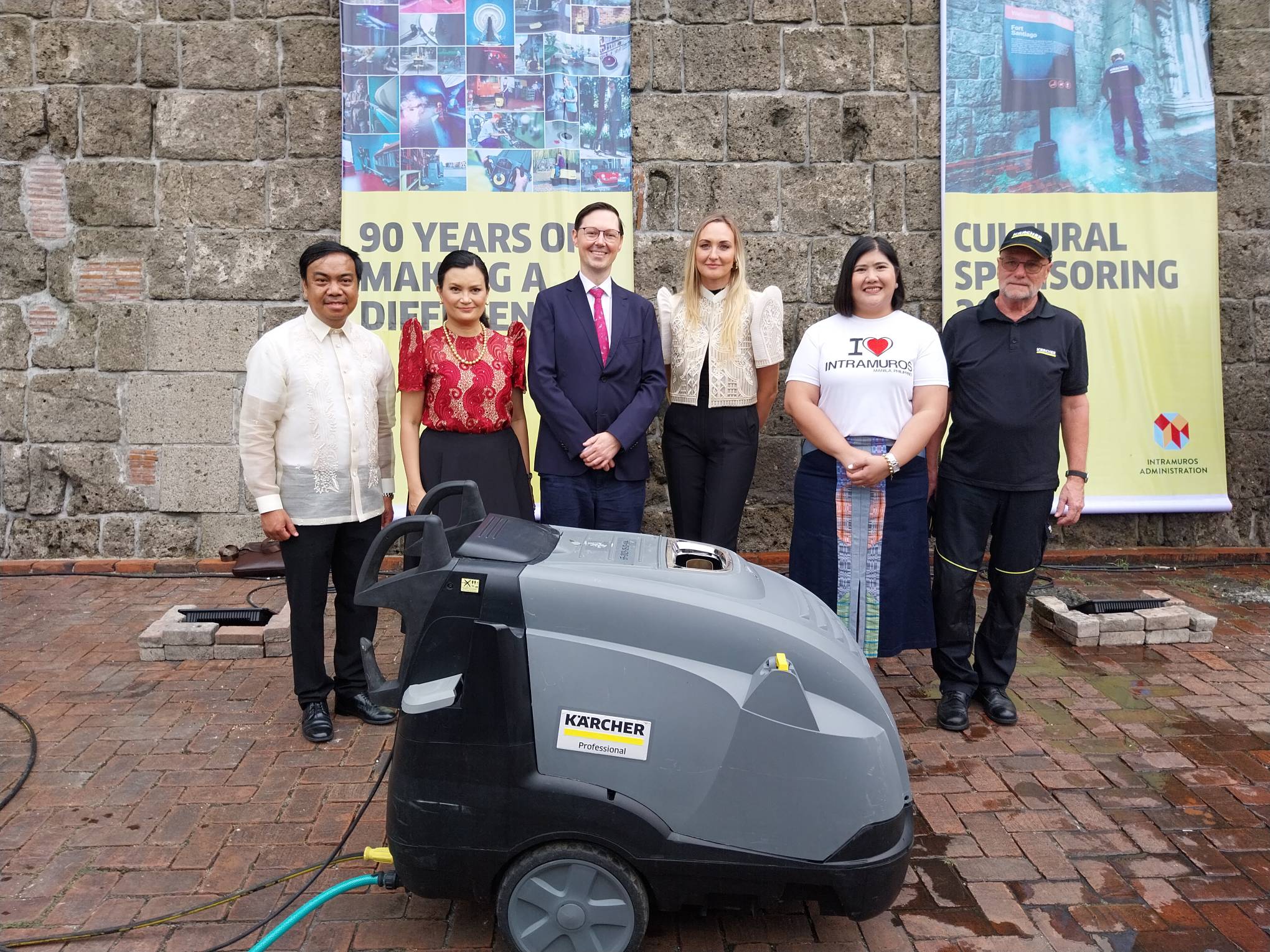 [From left] Darwin Banez, general manager of Kärcher Philippines, host Daphne Osena=Paez, Dr. David Klebs, Kärcher Southeast Asia marketing director Daina Bartuseviciute, Intramuros Administraion head Joan Padilla, and a member of Kärcher's cleaning team.