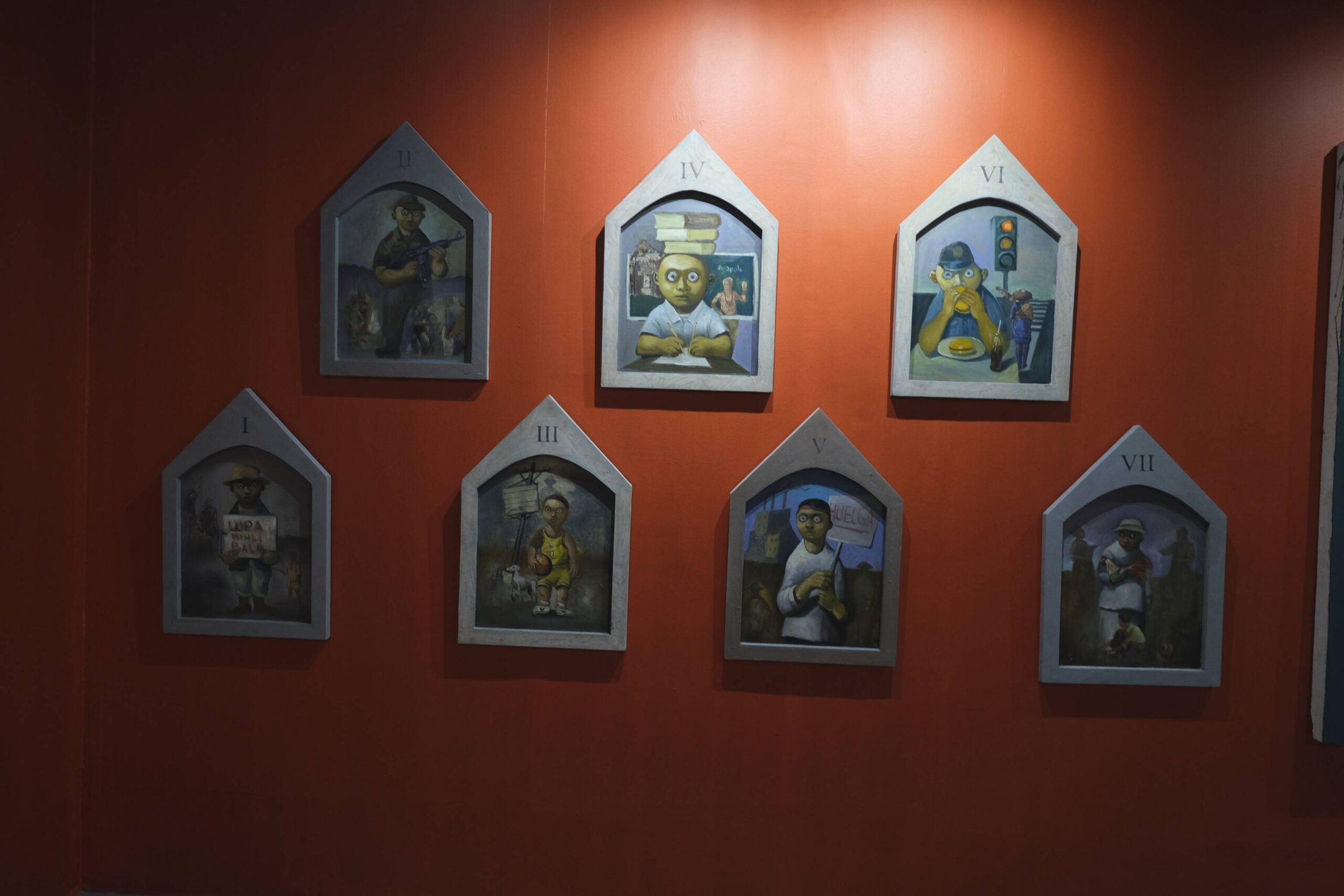 Seven paintings mimicking the Old and New Testaments by Manny Garibay.