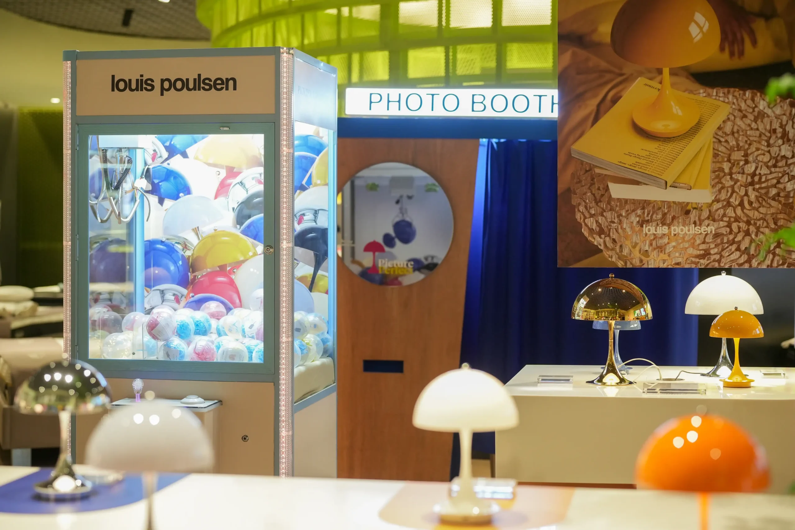 Claw machine and photo booth setups.