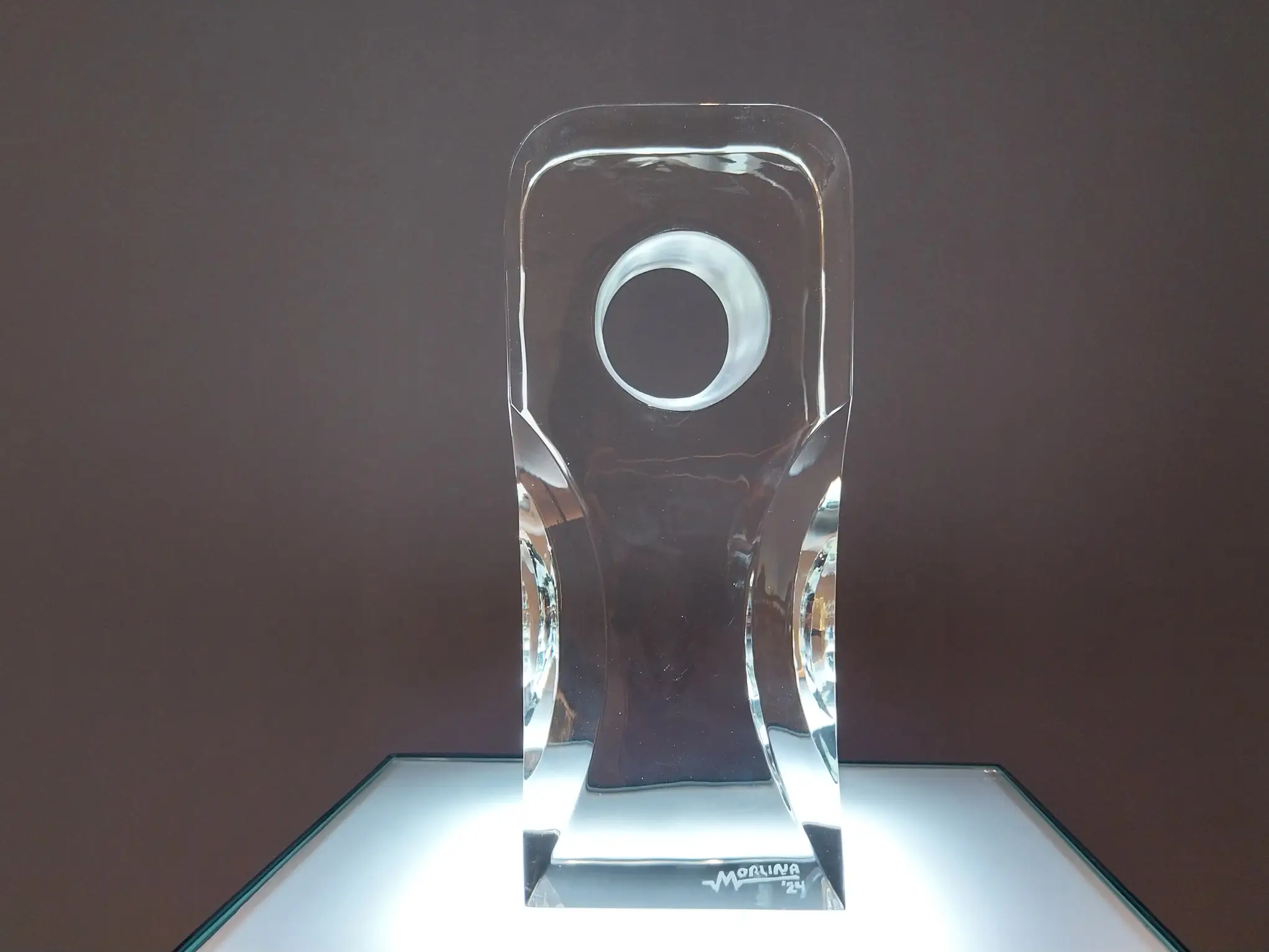 A sculpture featuring clear glass for "Shifting Reality" by Michael Orlina.