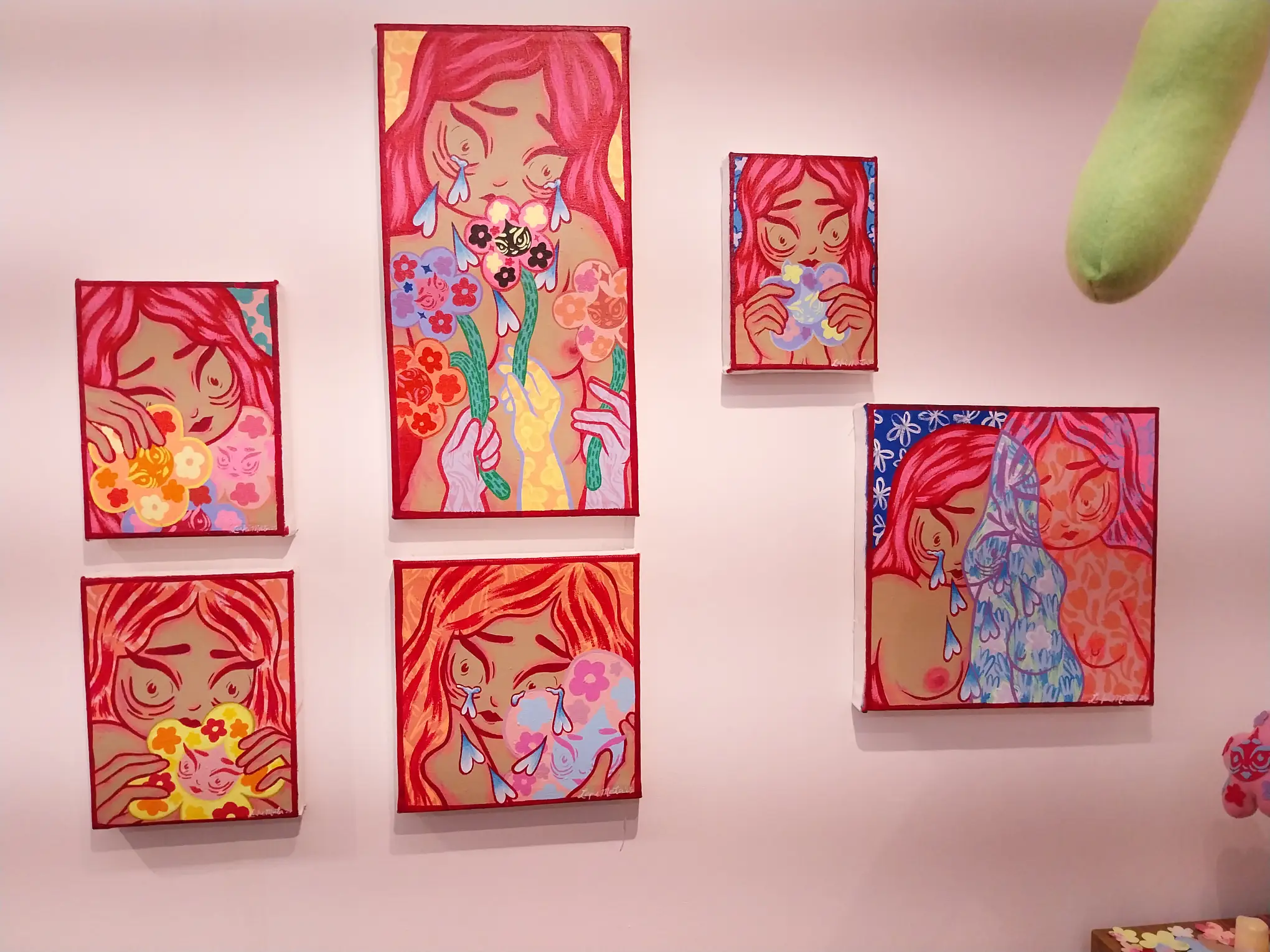 Six mixed-media artworks by Laki Mata for "The Flower Eaters" at Space Encounters.