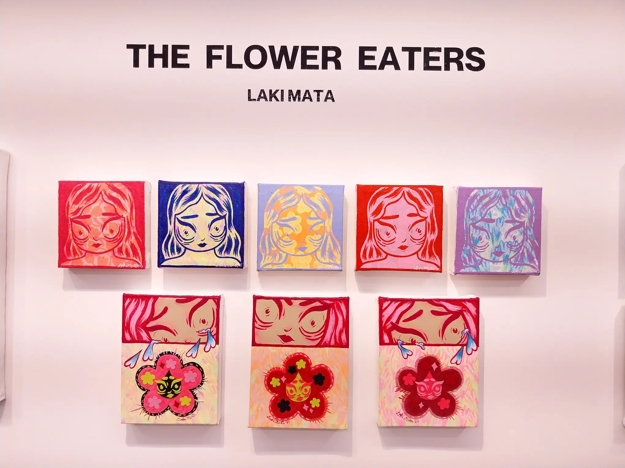 Some of the works shown at "The Flower Eaters" by Laki Mata.
