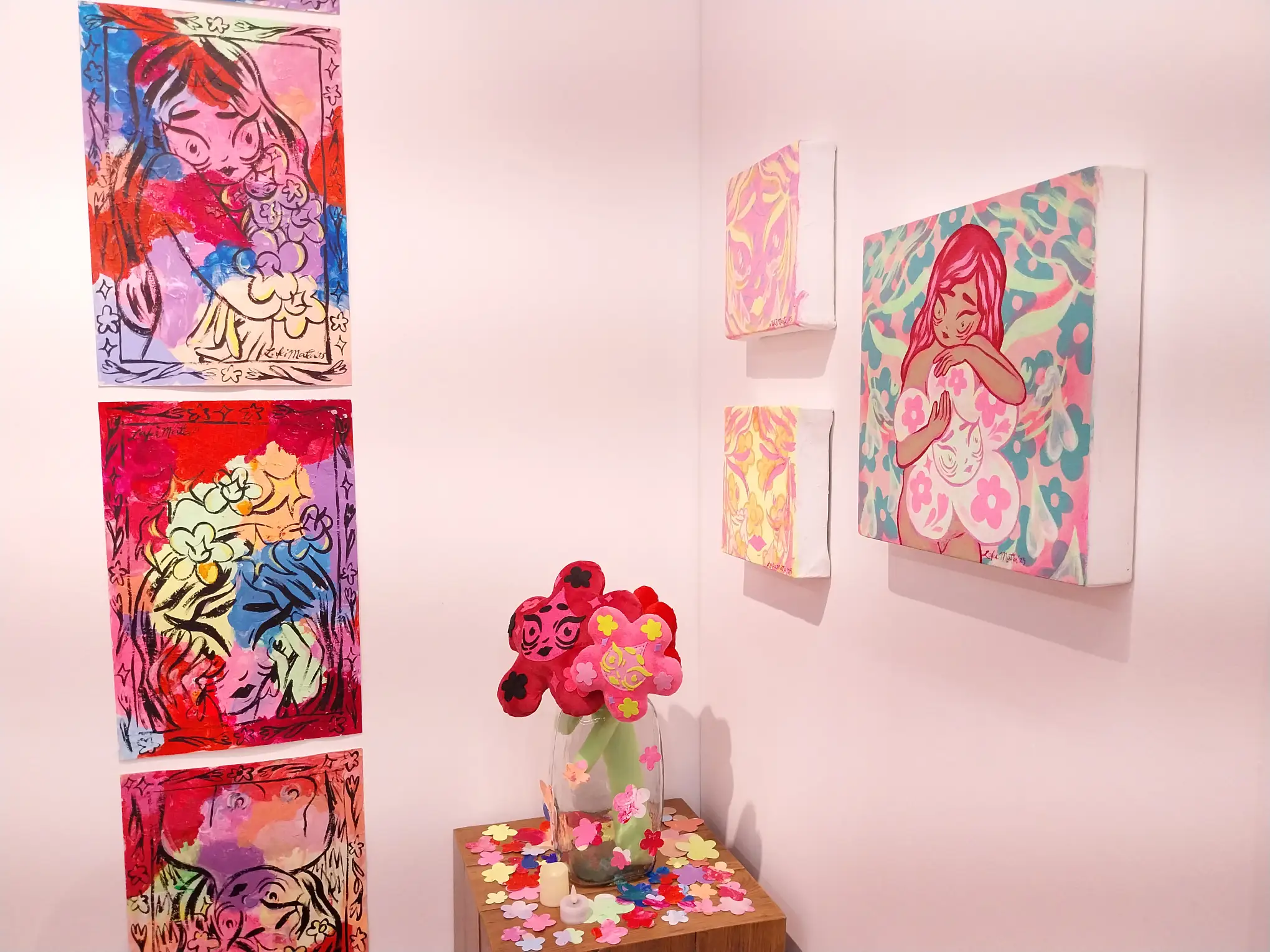 One corner of the exhibition space with art by Laki Mata.