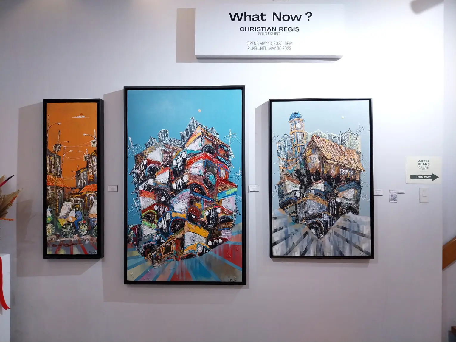 Three paintings by Christian Regis for "What Now?" at Kapitolyo Art Space.