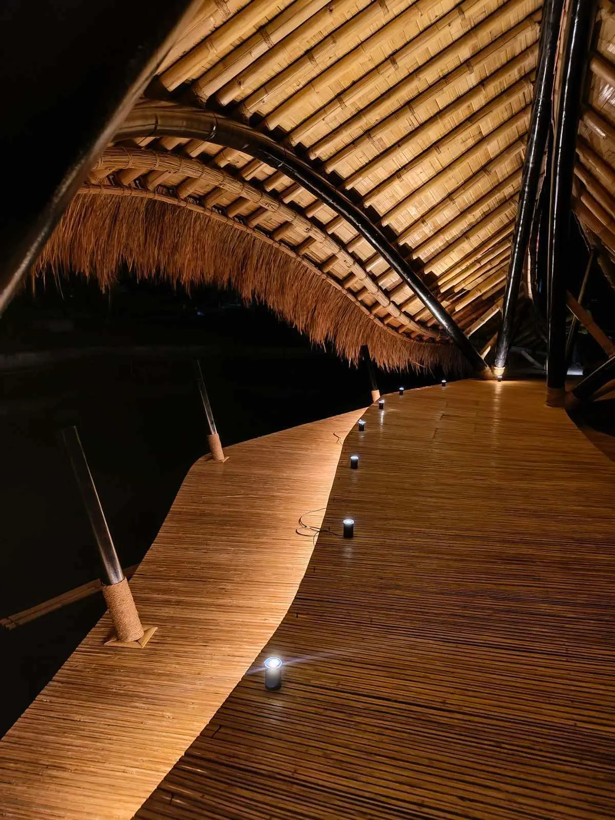 Kawayan Eco Park Bamboo bridge at night.