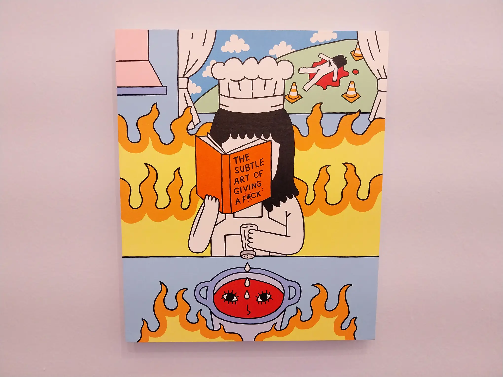 For our contemporary art roundup, Seeweirdo's painting of a character cooking while reading a book.