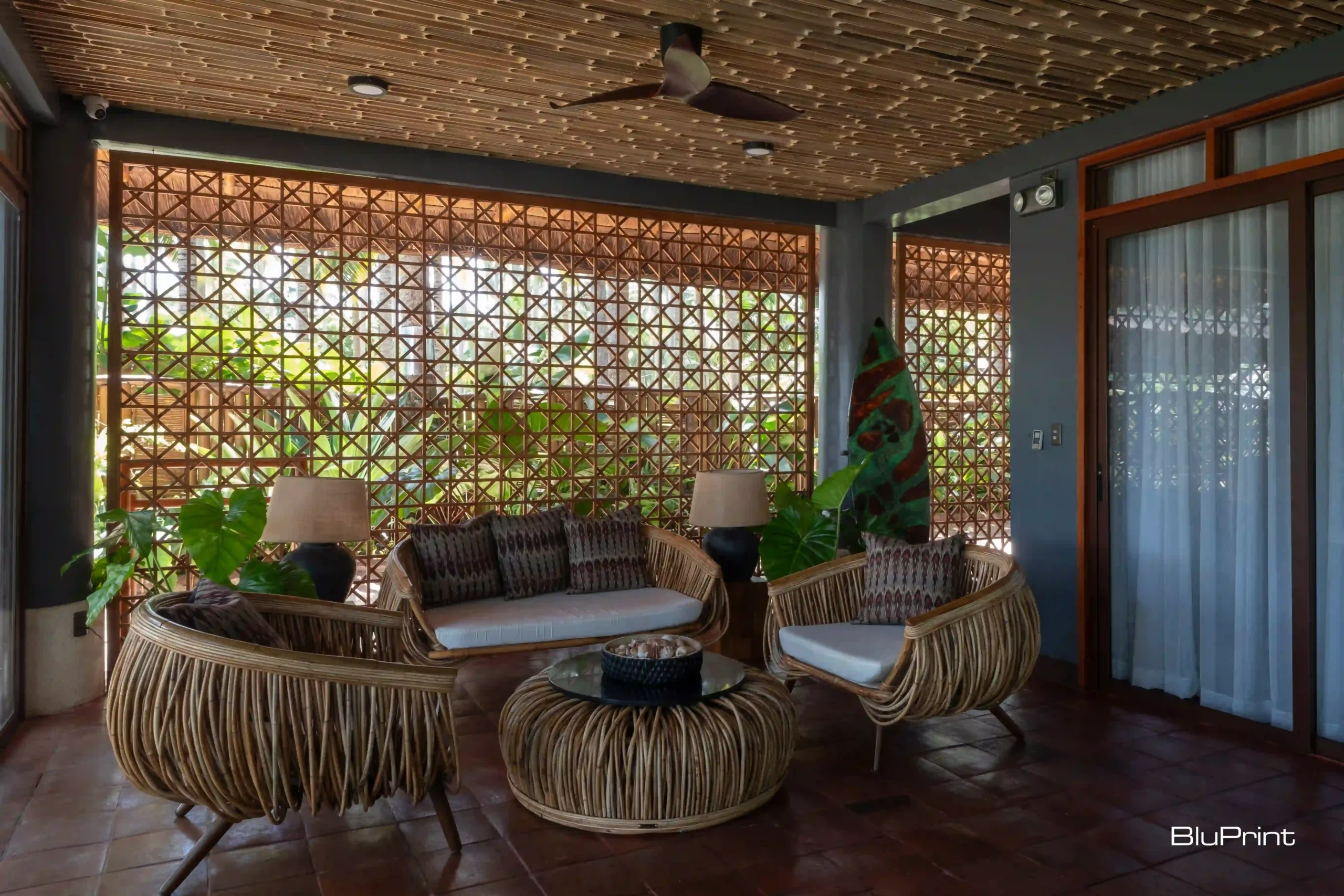 Lanai of Aman Sinaya bamboo house.
