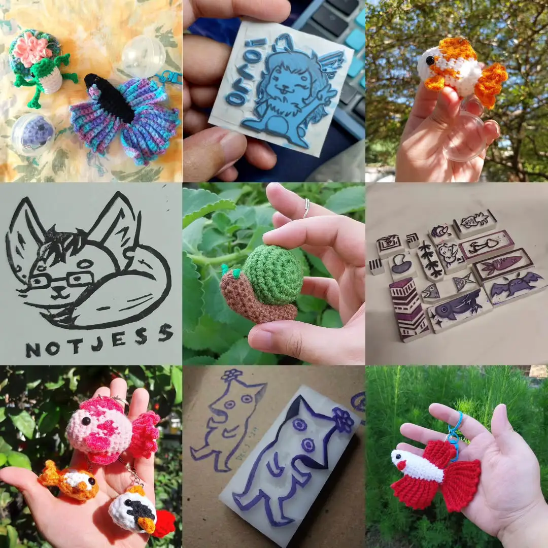 Some of Riley's artworks, including stamps and crochet figurines. Photo provided by artist.