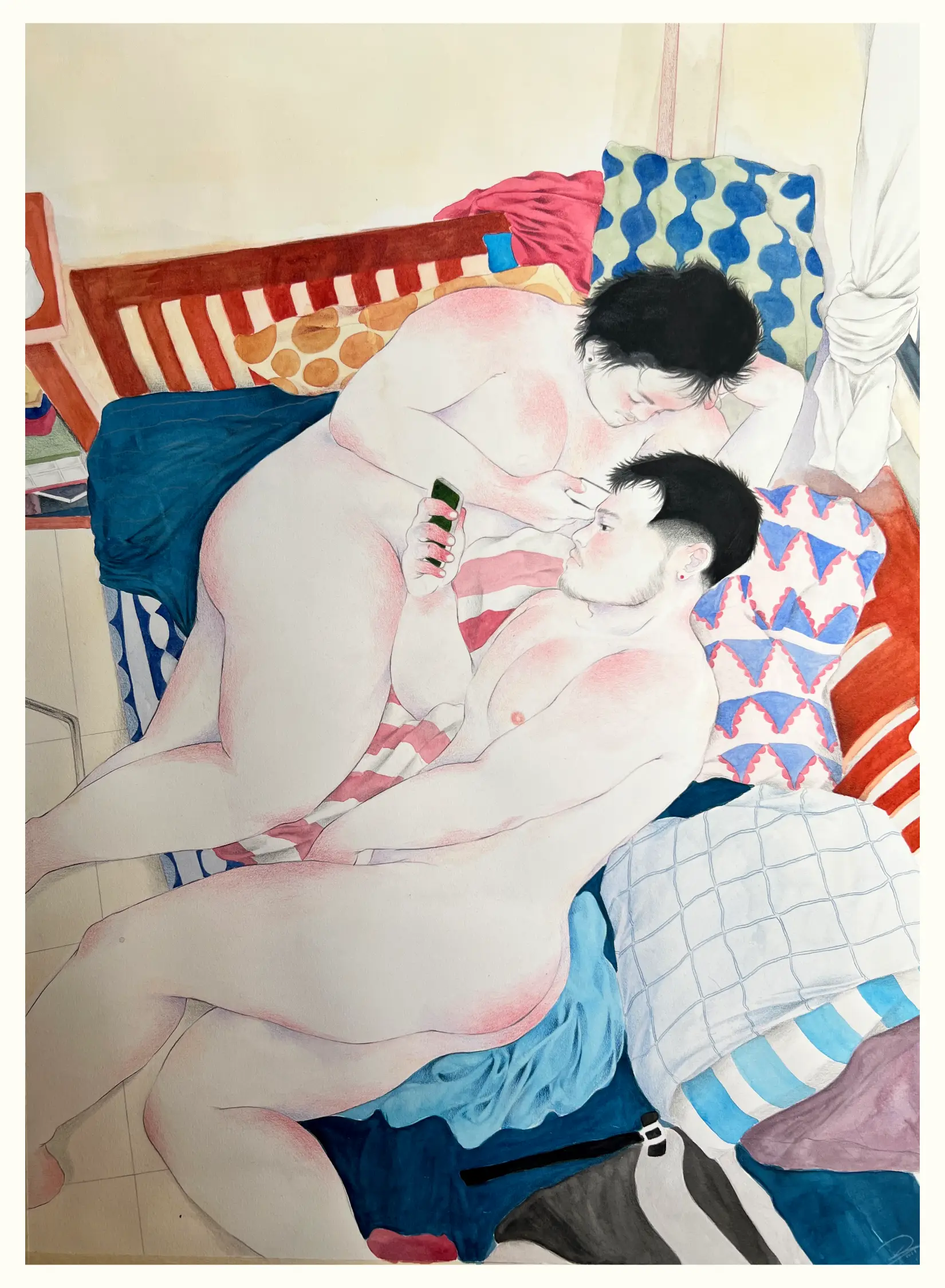 An artwork by DJ Amago showing a queer people lounging comfortably at home. Photo provided by artist.