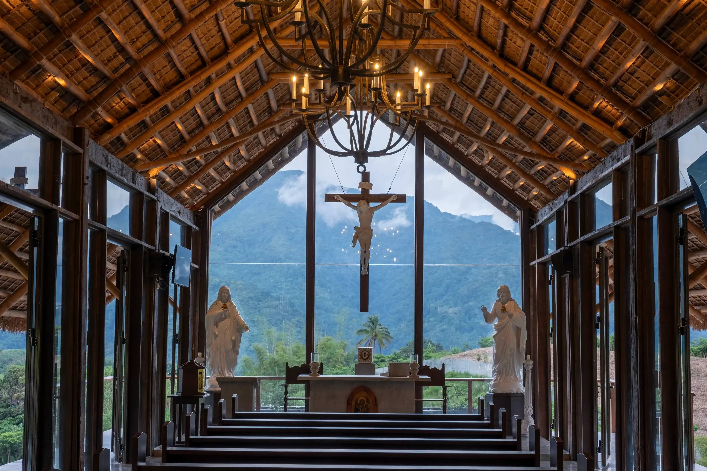 The interior of the church, with the mountain as the backdrop