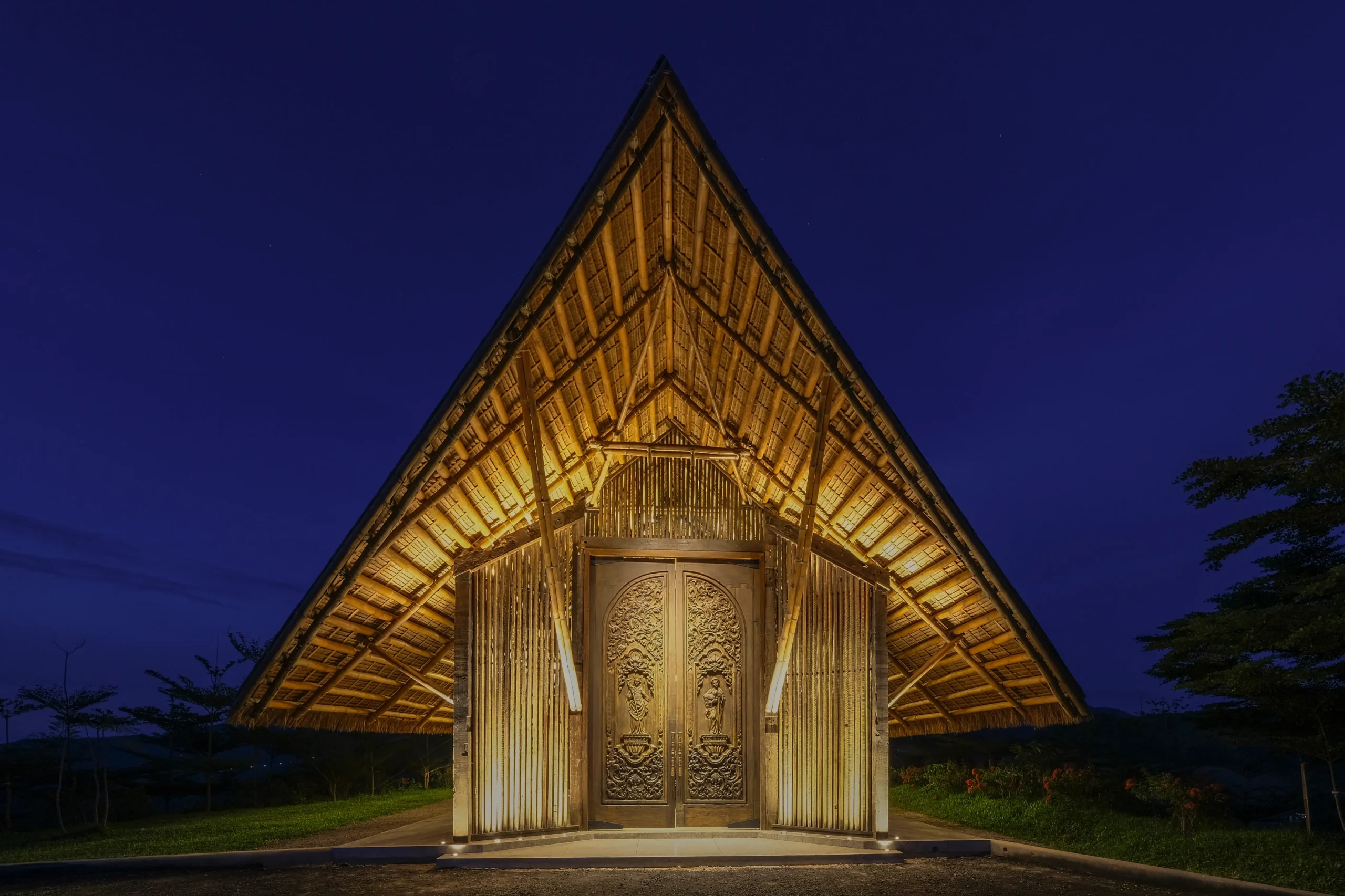 The church warmly lights up at night.  