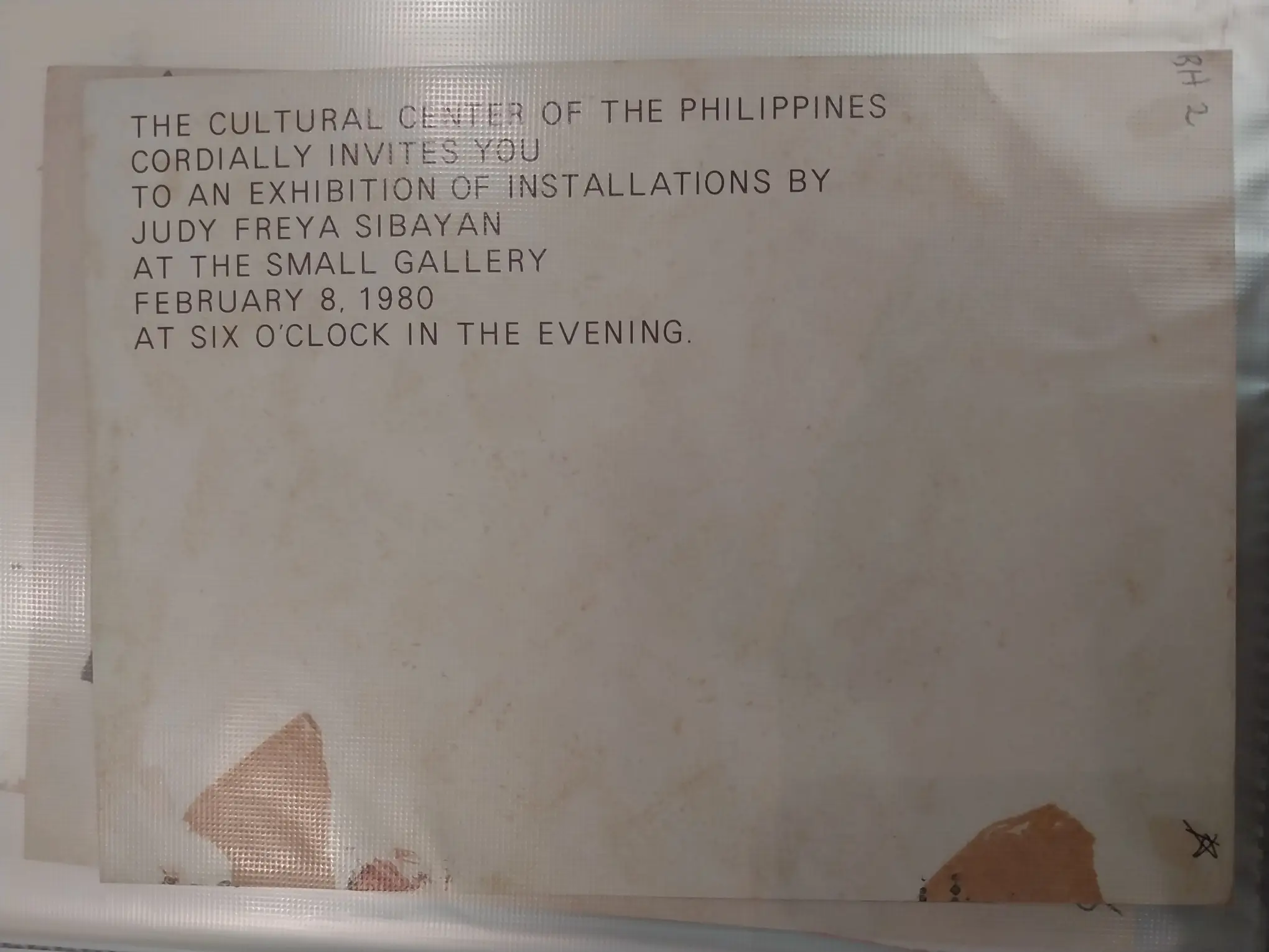 Invite to an exhibit by Judy Freya Sibayan at the Cultural Center of the Philippines.