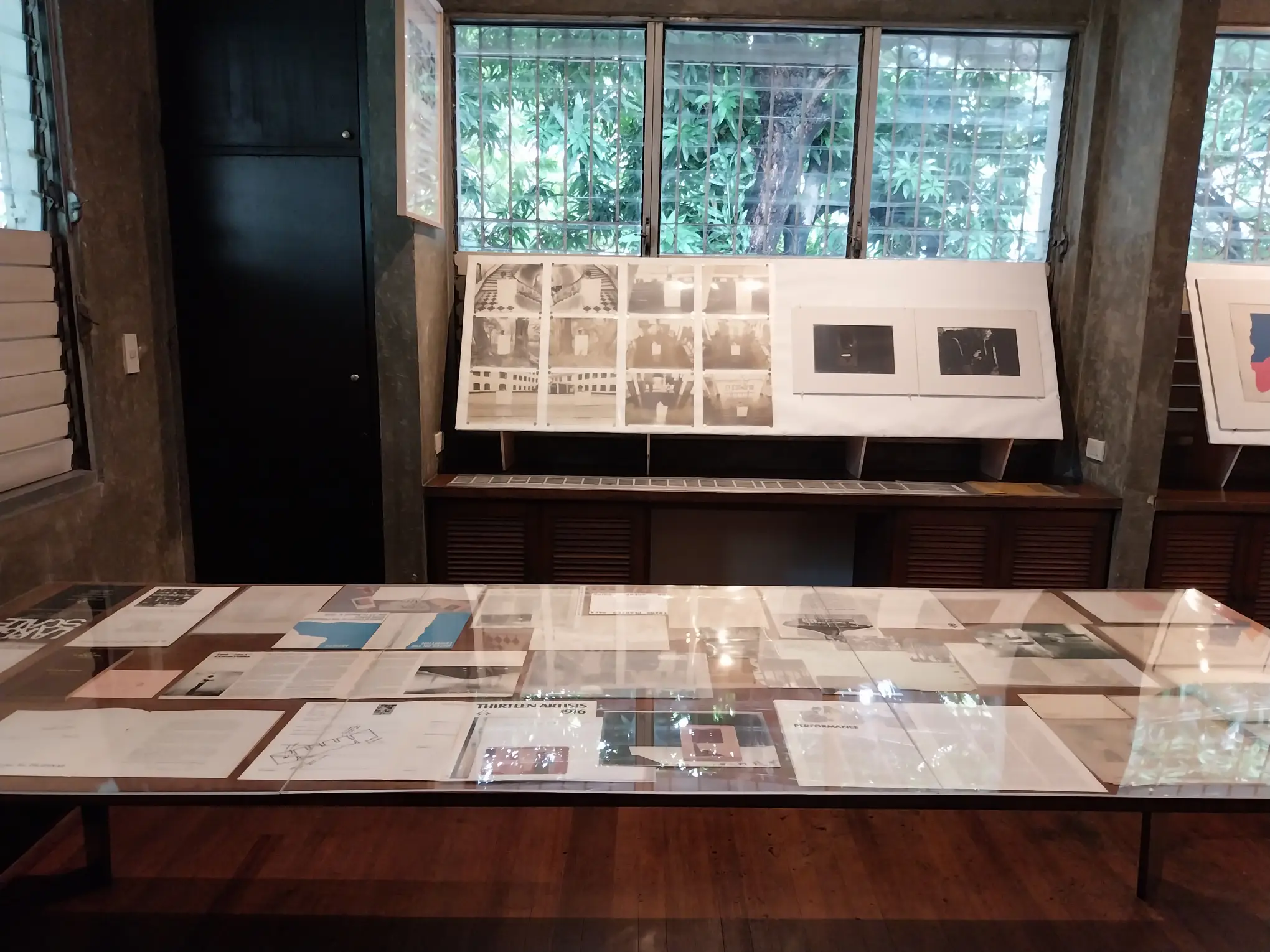 Some of the layout of the archival documents of Judy Freya Sibayan in her Calle Wright exhibit.