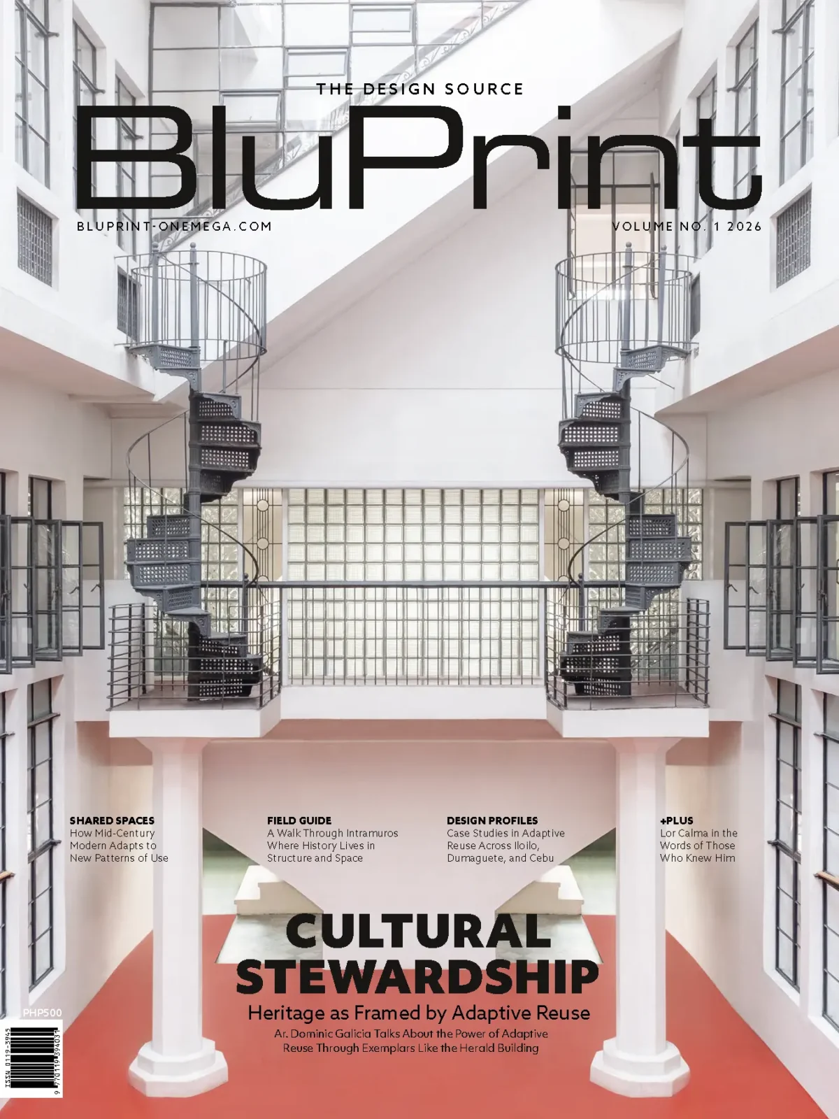 BluPrint magazine cover showing an airy interior atrium with two metal spiral staircases and bold title across the top.