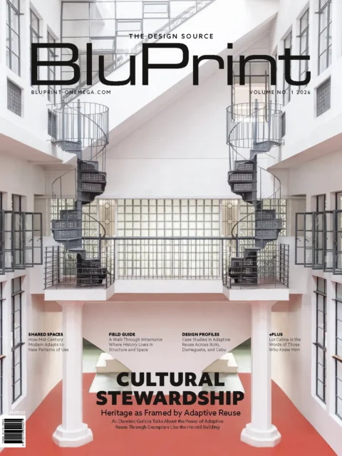 BluPrint magazine cover showing an airy interior atrium with two metal spiral staircases and bold title across the top.